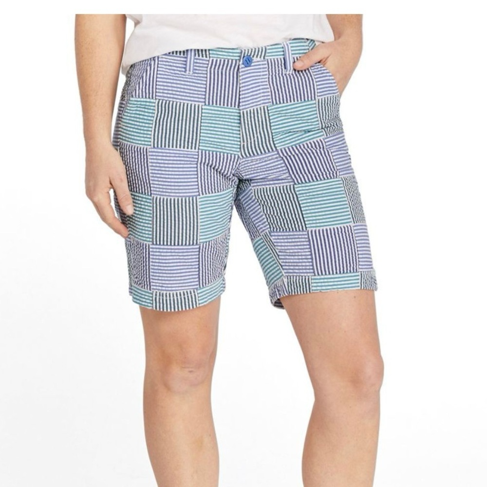 LL Bean Lakewashed Blue Green Seersucker Plaid Chino Bermuda Shorts Size 6